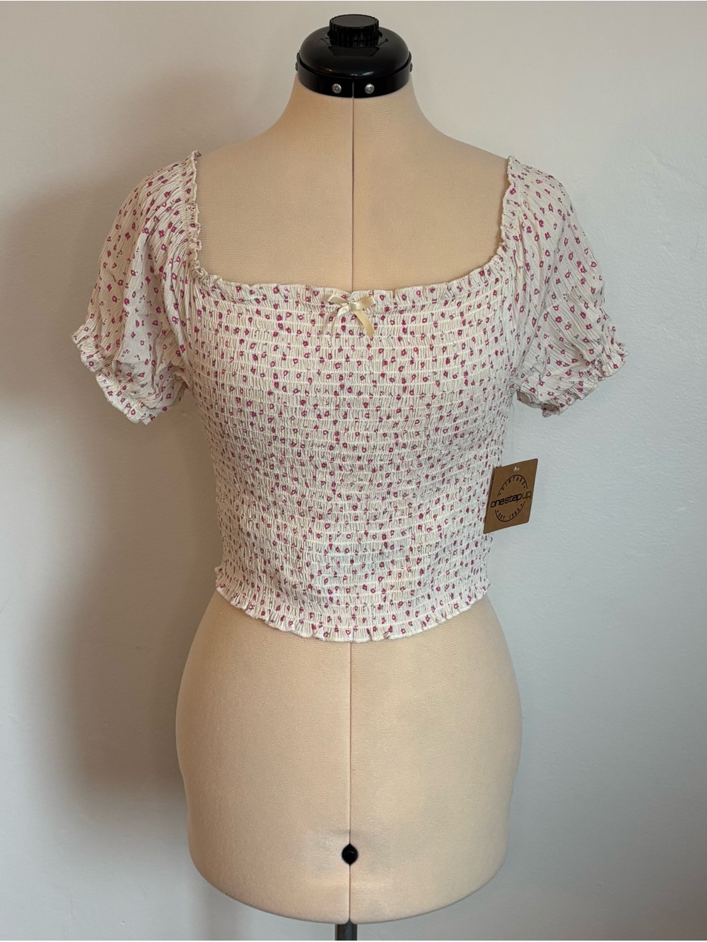 One Step Up Smocked On/Off Shoulder Crop Top, Cream & Pink Dainty Floral, Bow, L